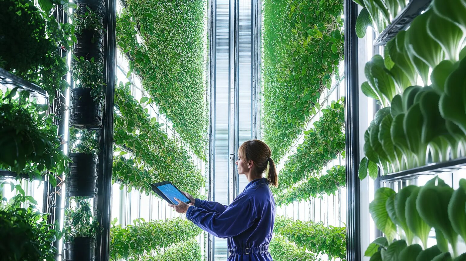 ai gegenereerd beeld van vrouw die aan het werken is in een vertical farm